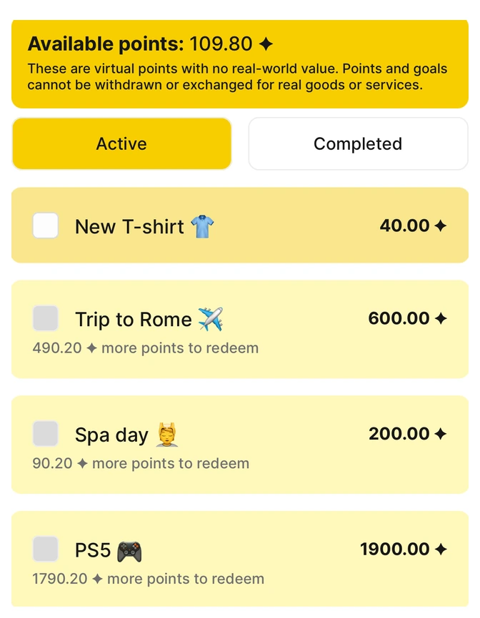 Habit Bank personal goals screen