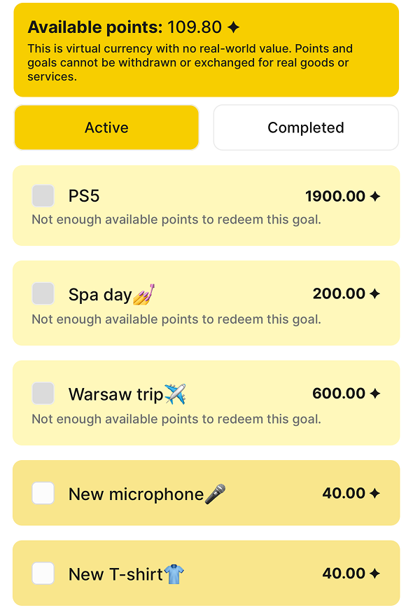 Habit Bank personal goals screen