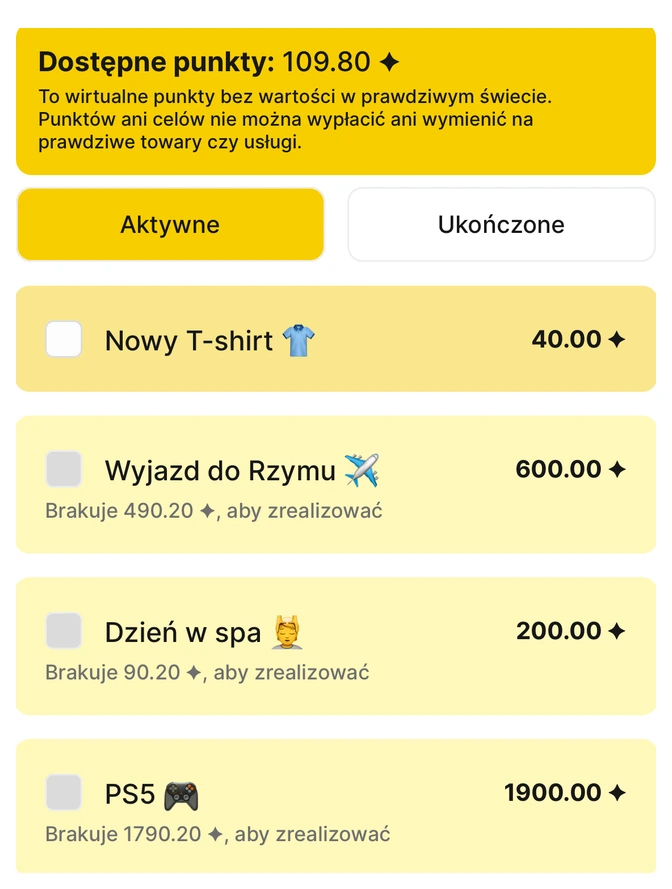Ekran celów osobistych w Habit Bank